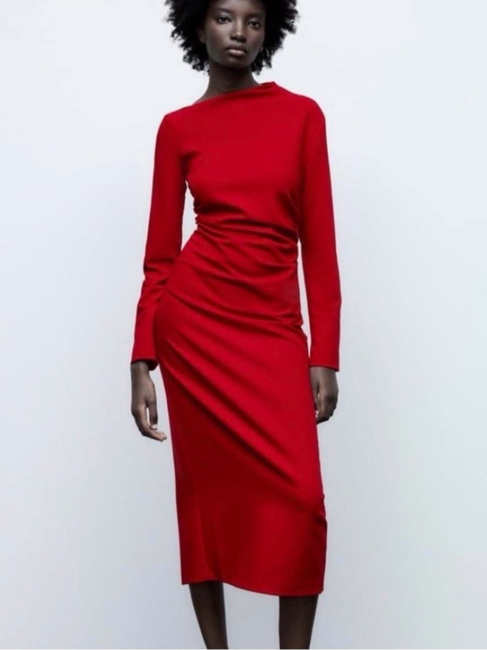 Red Long-Sleeve Ruched side Midi Dress